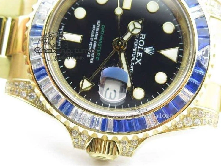 0414 GMT-Master II 116759 YG Bp-Maker Blue Ruby Crystal Bezel Black Dial On YG Bracelet A NewStyle 3775